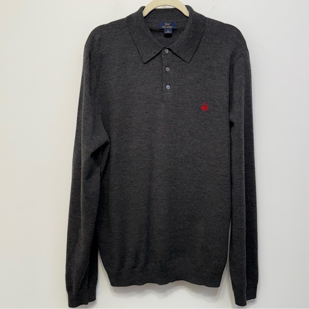 Brooks Brothers Gray Extra Fine Merino Wool Polo Sweater XL Preppy Long Sleeve